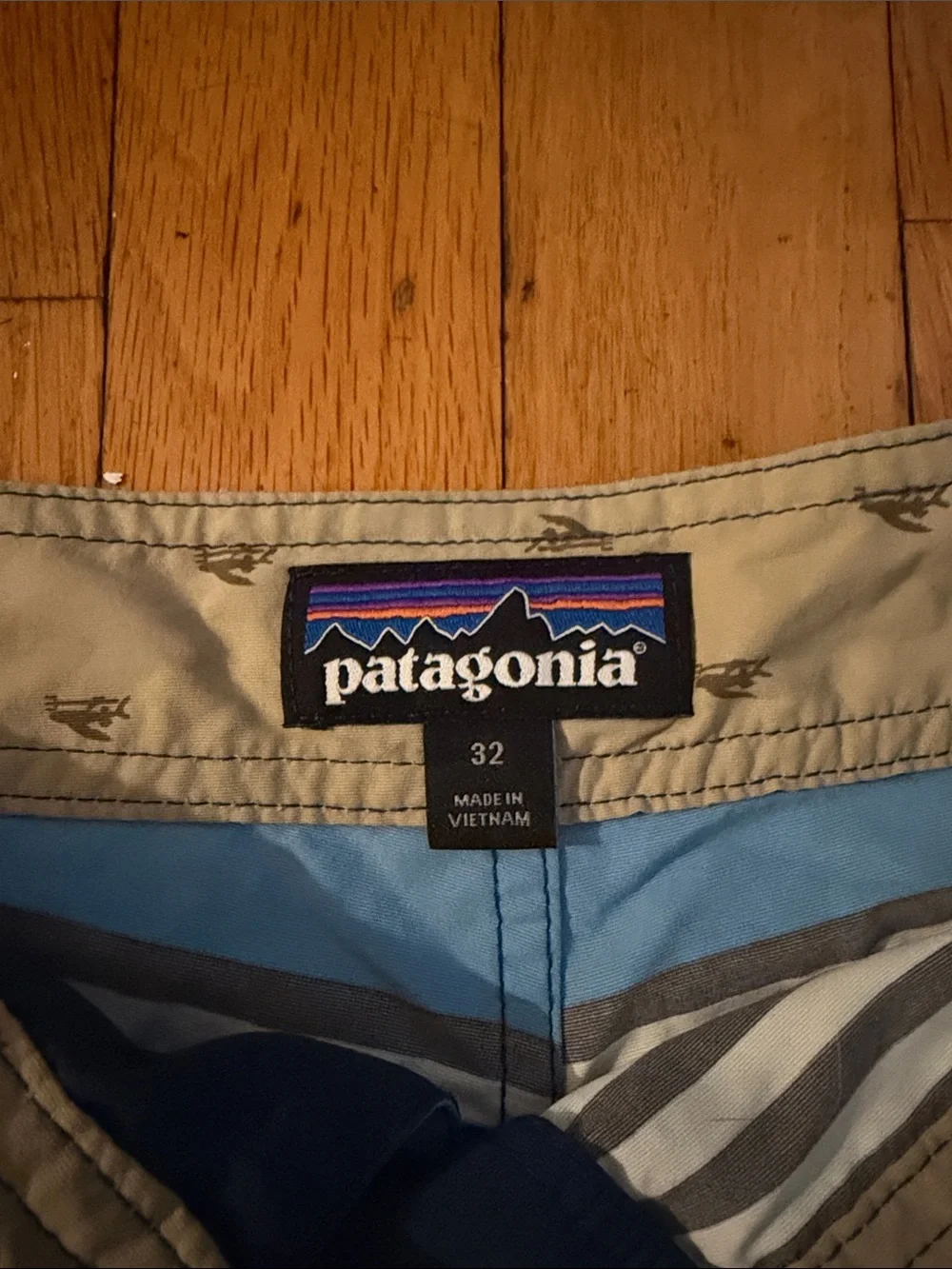 Patagonia Tan and Blue Striped Swim Shorts